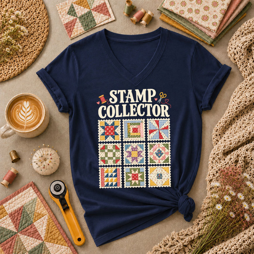 Stamp Collector Quilt Blocks Women's V-Neck - Navy