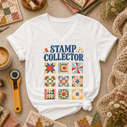 Stamp Collector Quilt Blocks Women's V-Neck - White
