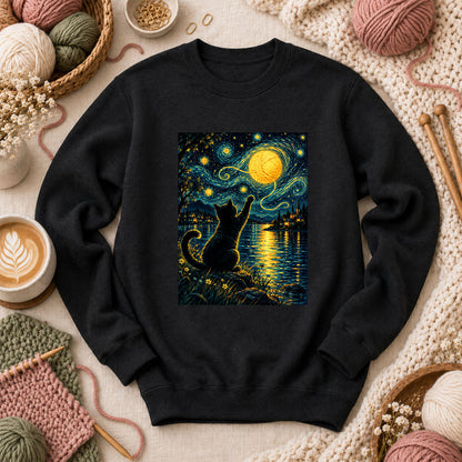 Starry Night Cat With Yarn Moon Long Sleeve - Black