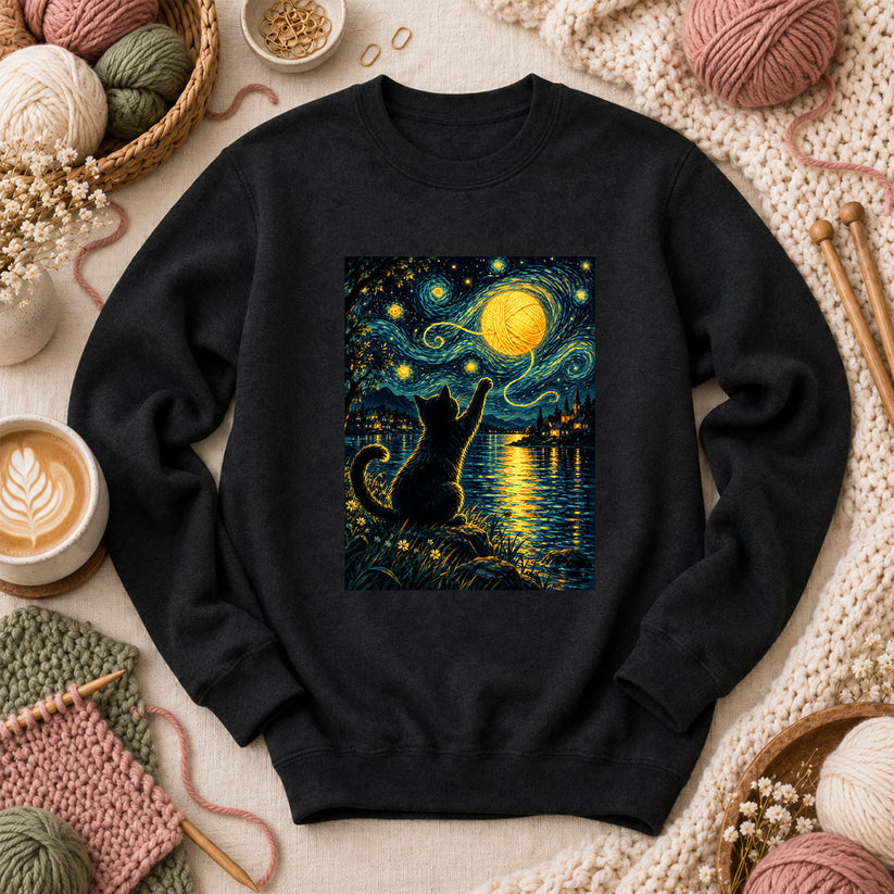 Starry Night Cat With Yarn Moon Long Sleeve - Black