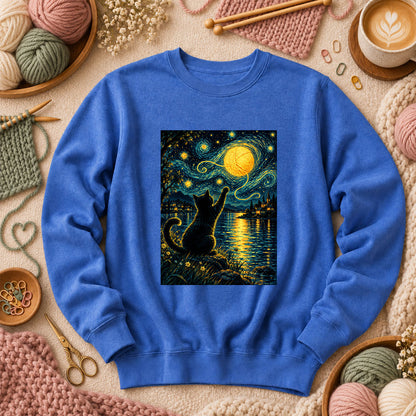 Starry Night Cat With Yarn Moon Long Sleeve - Heather True Royal