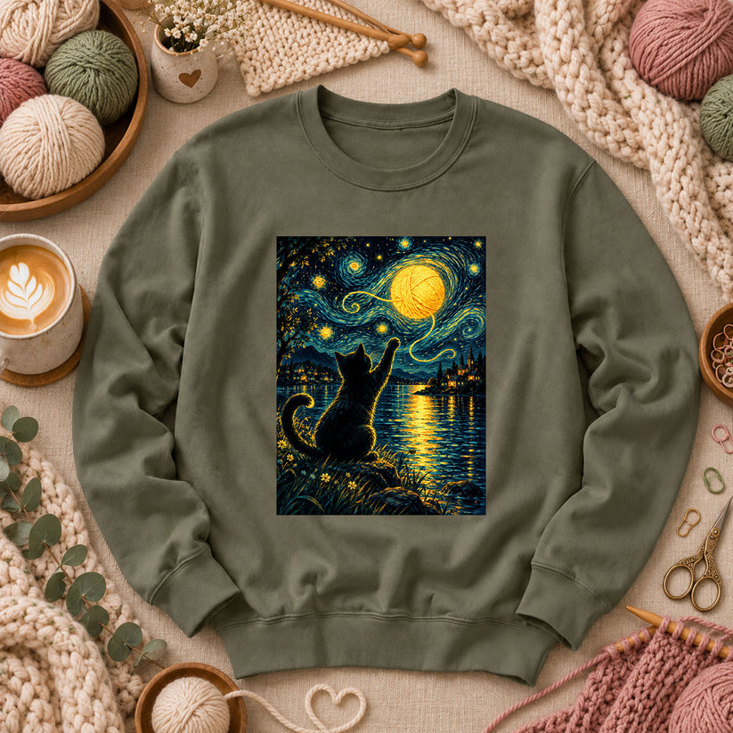 Starry Night Cat With Yarn Moon Long Sleeve - Military Green