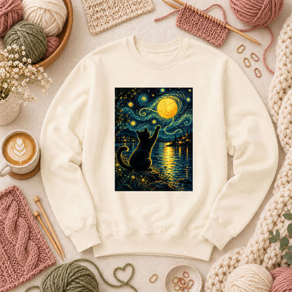 Starry Night Cat With Yarn Moon Long Sleeve - Natural