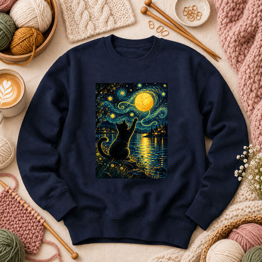 Starry Night Cat With Yarn Moon Long Sleeve - Navy