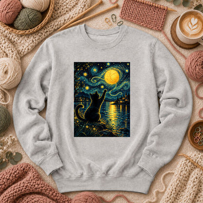 Starry Night Cat With Yarn Moon Long Sleeve - Sport Grey