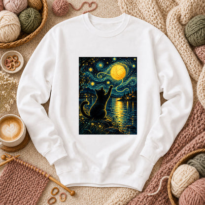Starry Night Cat With Yarn Moon Long Sleeve - White