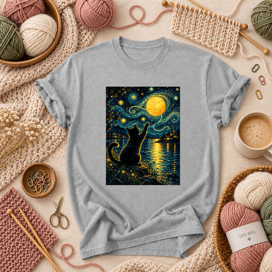 Starry Night Cat With Yarn Moon T-Shirt - Athletic Heather