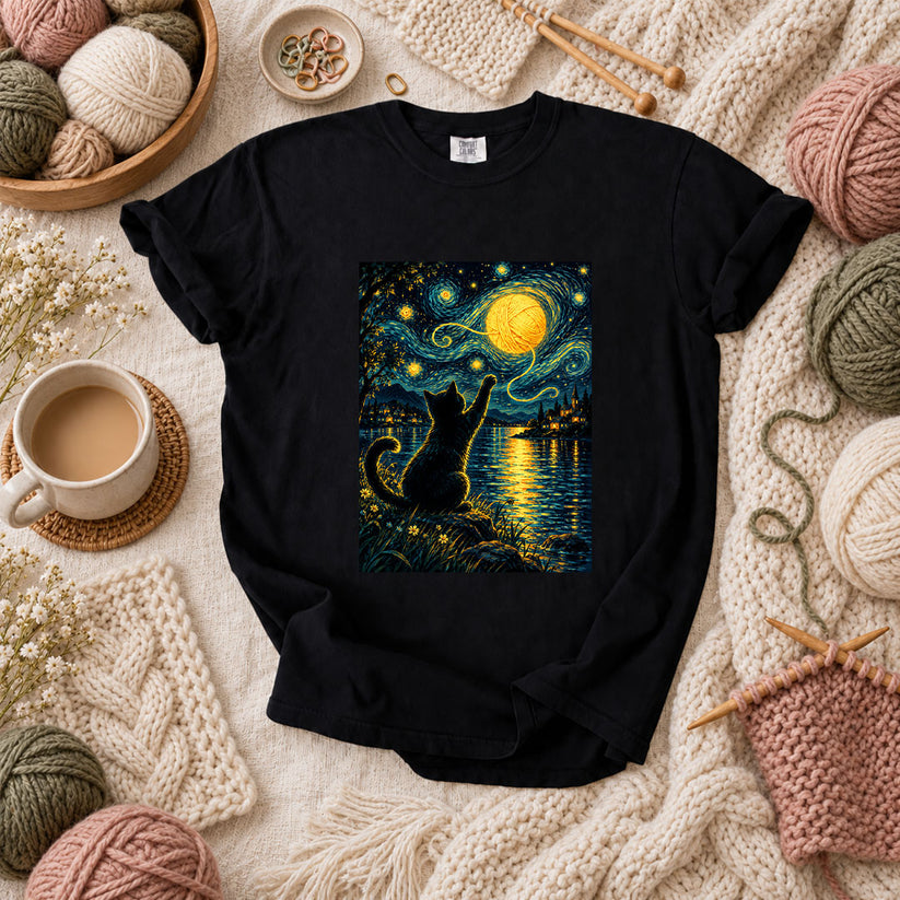 Starry Night Cat With Yarn Moon T-Shirt - Black