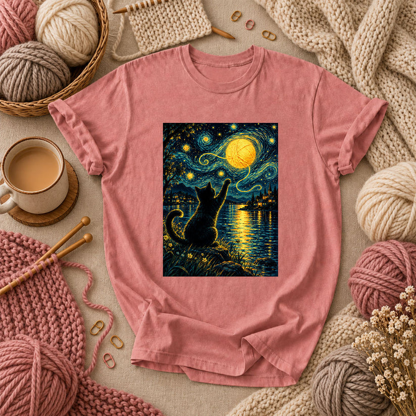 Starry Night Cat With Yarn Moon T-Shirt - Heather Mauve