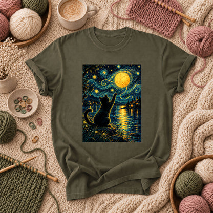 Starry Night Cat With Yarn Moon T-Shirt - Military Green