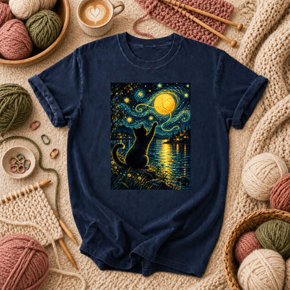 Starry Night Cat With Yarn Moon T-Shirt