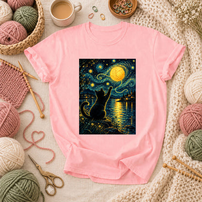 Starry Night Cat With Yarn Moon T-Shirt - Pink