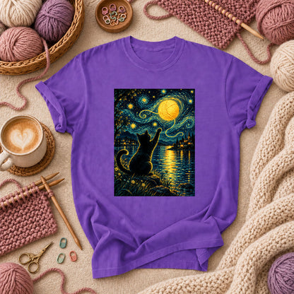 Starry Night Cat With Yarn Moon T-Shirt - Purple