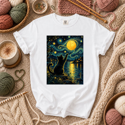 Starry Night Cat With Yarn Moon T-Shirt - White