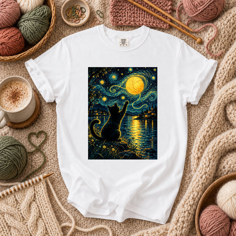 Starry Night Cat With Yarn Moon T-Shirt - White
