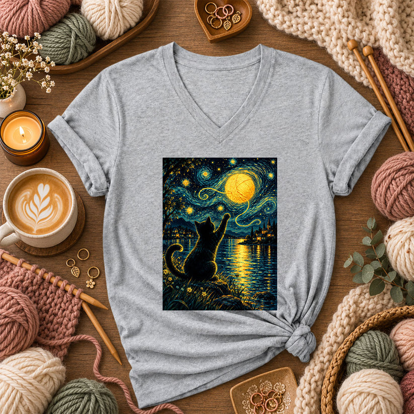 Starry Night Cat With Yarn Moon Women's V-Neck - Athletic Heather