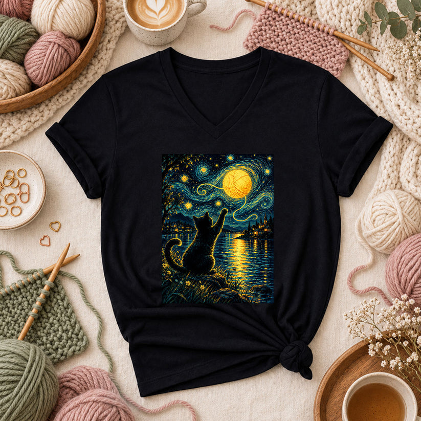 Starry Night Cat With Yarn Moon Women's V-Neck - Black