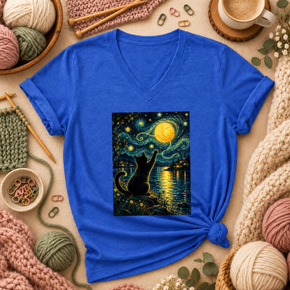 Starry Night Cat With Yarn Moon Women's V-Neck - Heather True Royal