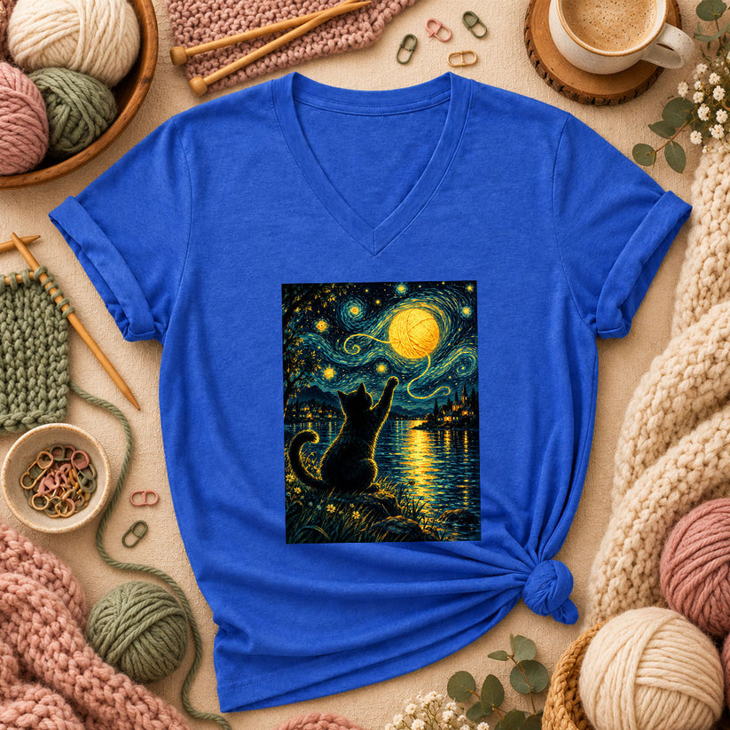 Starry Night Cat With Yarn Moon Women's V-Neck - Heather True Royal