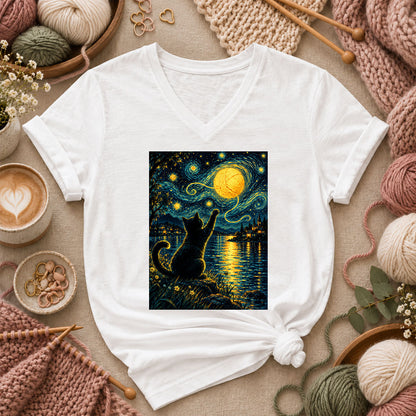 Starry Night Cat With Yarn Moon Women's V-Neck - White