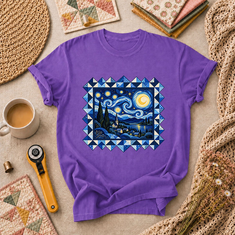 Starry Night Quilt Van Gogh T-Shirt - Heather Team Purple