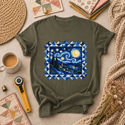 Starry Night Quilt Van Gogh T-Shirt - Military Green