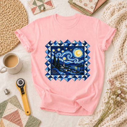 Starry Night Quilt Van Gogh T-Shirt - Pink