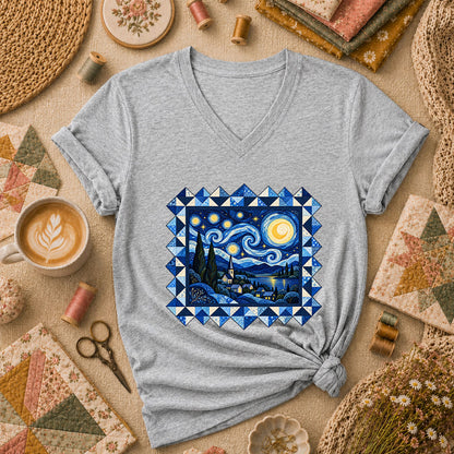 Starry Night Quilt Van Gogh Women's V-Neck - Athletic Heather