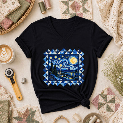 Starry Night Quilt Van Gogh Women's V-Neck - Black