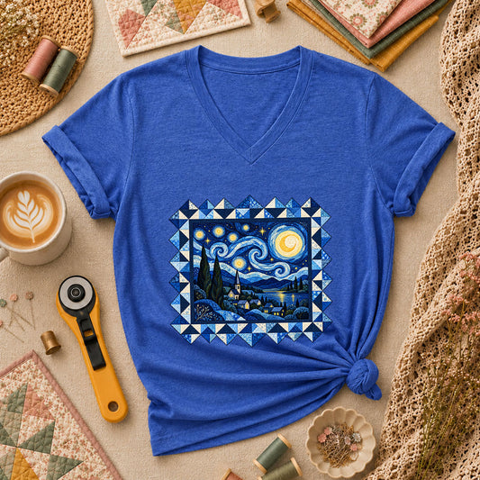 Starry Night Quilt Van Gogh Women's V-Neck - Heather True Royal