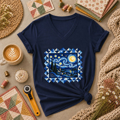 Starry Night Quilt Van Gogh Women's V-Neck - Navy