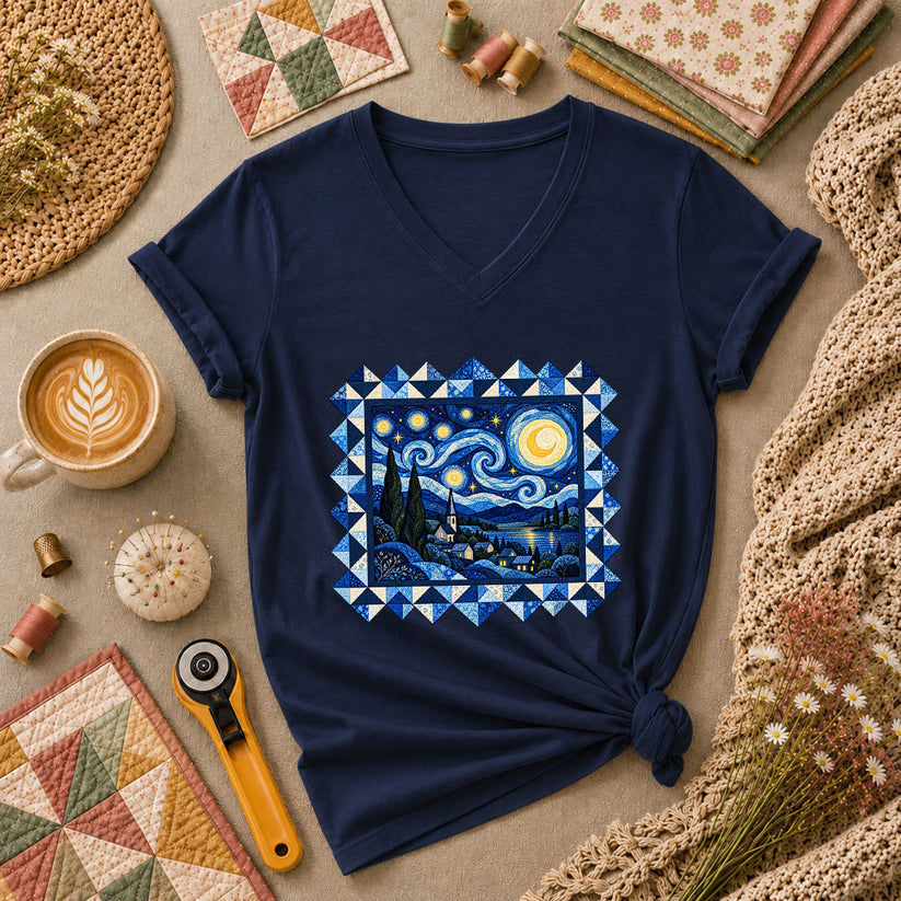 Starry Night Quilt Van Gogh Women's V-Neck - Navy