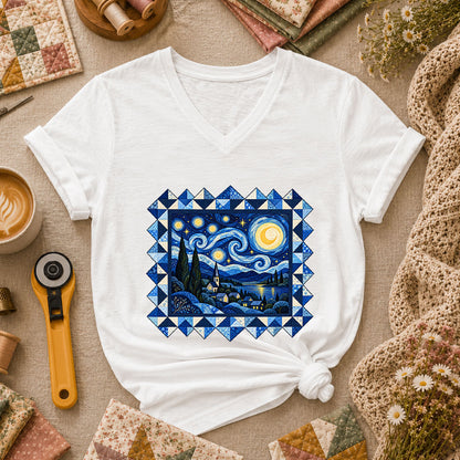 Starry Night Quilt Van Gogh Women's V-Neck - White