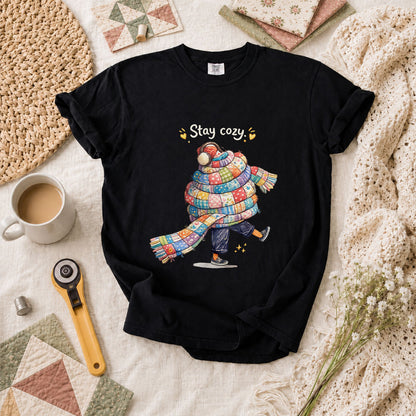 Stay Cozy Quilt Scarf Winter T-Shirt - Black