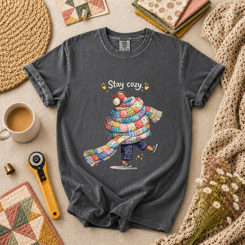 Stay Cozy Quilt Scarf Winter T-Shirt - Grey
