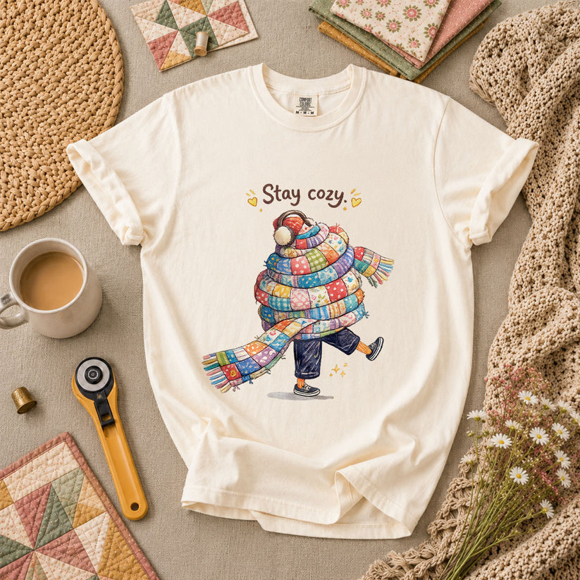 Stay Cozy Quilt Scarf Winter T-Shirt - Ivory