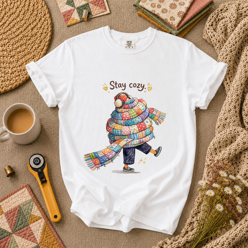 Stay Cozy Quilt Scarf Winter T-Shirt - White