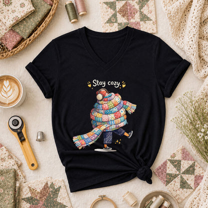 Stay Cozy Quilt Scarf Winter Women's V-Neck - Black