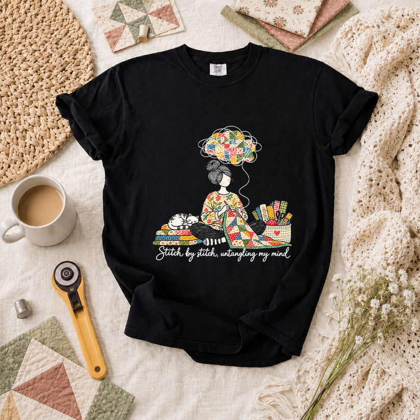 Stitch By Stitch Untangling My Mind T-Shirt - Black