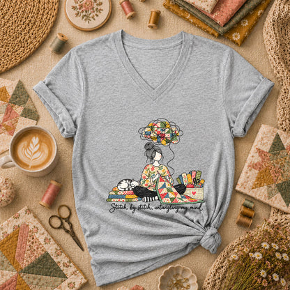 Stitch By Stitch Untangling My Mind Women's V-Neck - Athletic Heather