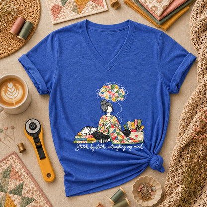 Stitch By Stitch Untangling My Mind Women's V-Neck - Heather True Royal