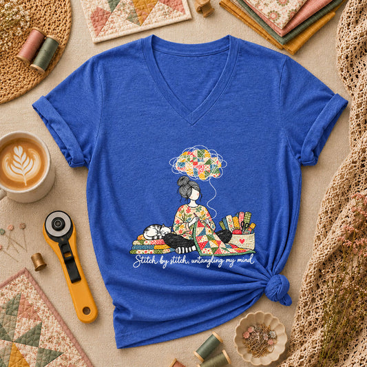 Stitch By Stitch Untangling My Mind Women's V-Neck - Heather True Royal