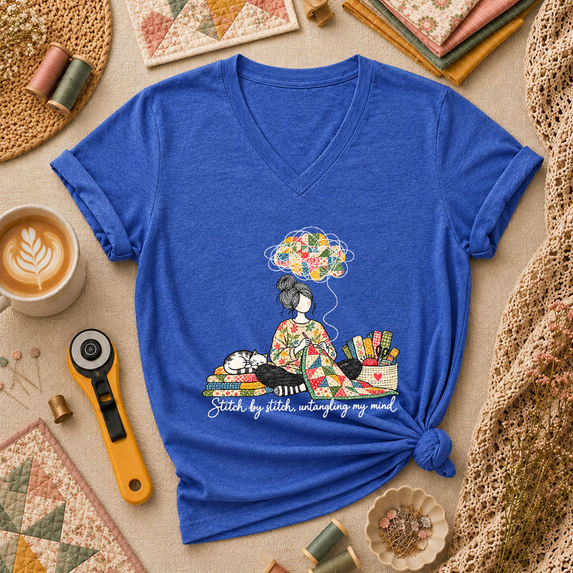 Stitch By Stitch Untangling My Mind Women's V-Neck - Heather True Royal