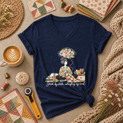 Stitch By Stitch Untangling My Mind Women's V-Neck - Navy