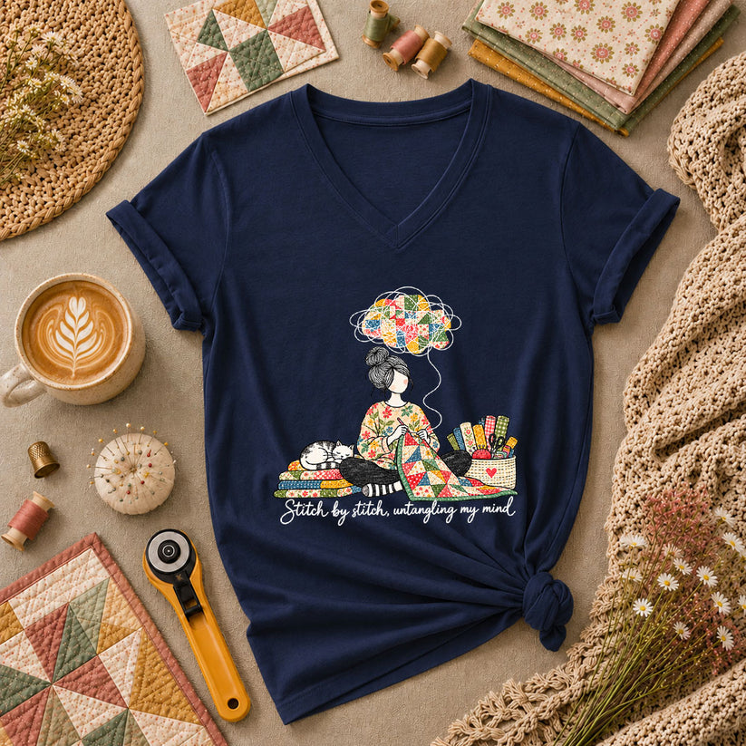 Stitch By Stitch Untangling My Mind Women's V-Neck - Navy