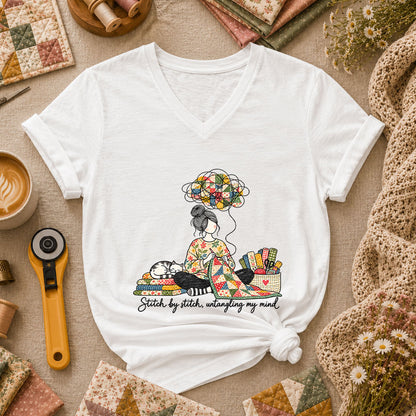 Stitch By Stitch Untangling My Mind Women's V-Neck - White