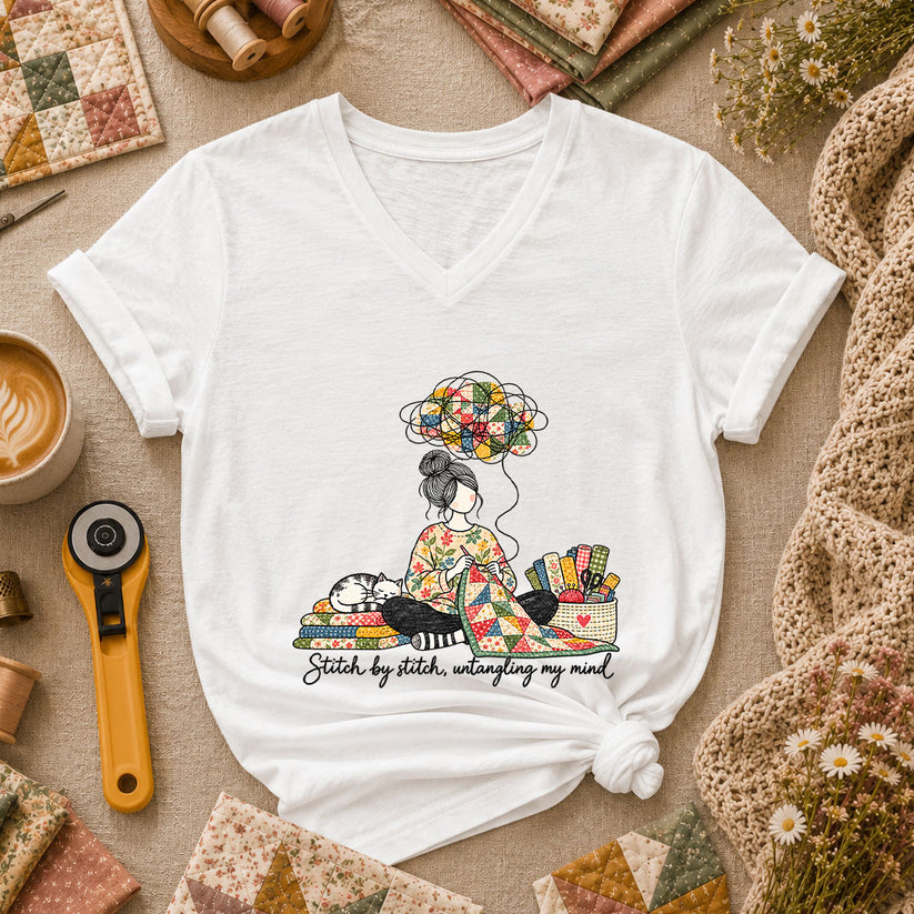 Stitch By Stitch Untangling My Mind Women's V-Neck - White