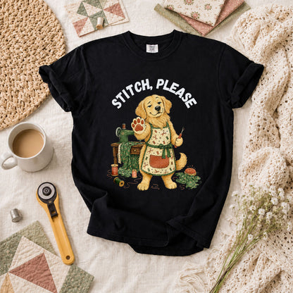 Stitch Please Golden Retriever Sewing Machine T-Shirt - Black