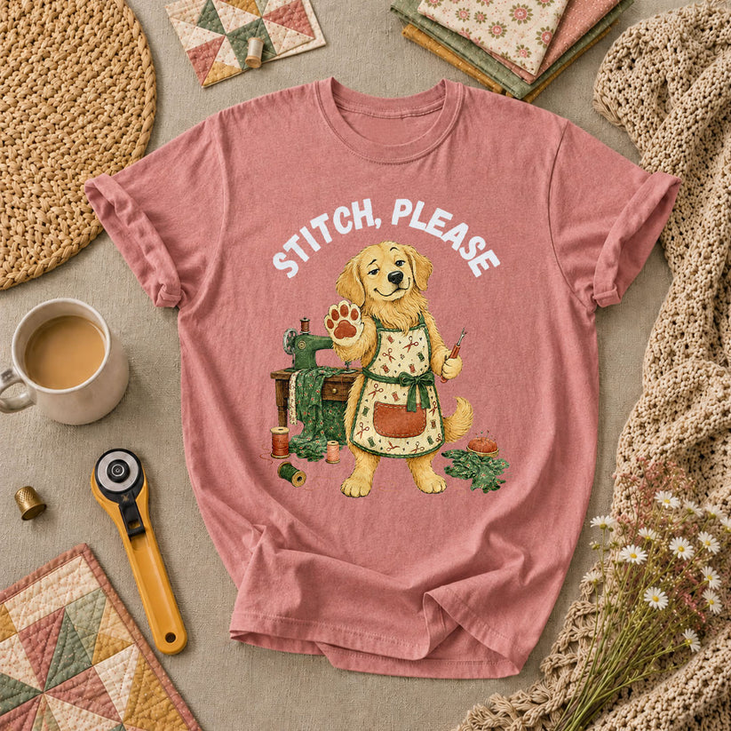 Stitch Please Golden Retriever Sewing Machine T-Shirt - Heather Mauve