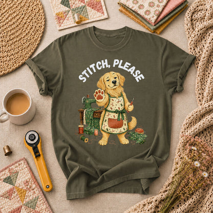 Stitch Please Golden Retriever Sewing Machine T-Shirt - Military Green